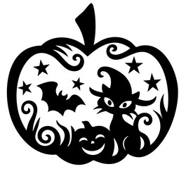Pumpkin silhouette with black cat, bat, stars, jack o lantern, magical Halloween
