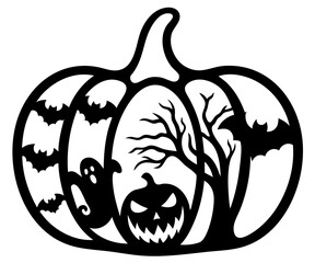 Scary halloween pumpkin silhouette with jack o lantern, bats, ghost and dead tree
