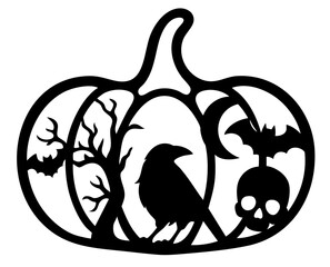 Creepy halloween pumpkin silhouette with raven, skull, bat and dead tree horror