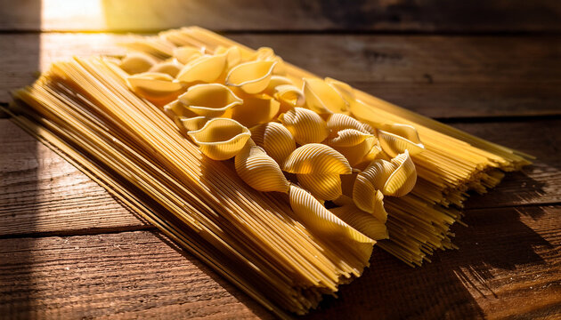 A Serene Composition Of Uncooked Pasta Resting On A Rustic Wooden Table Illuminated By Warm Soft Sunlight This Image Is Ideal For Food Blogs Recipes And Culinary Promotions
