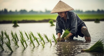 Farmer planting rice seedlings in a paddy field