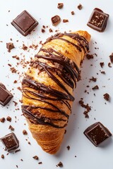 pain au chocolat flying with chocolate drizzle and crumbs, isolated on white background