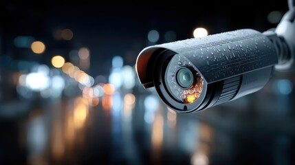 Security Camera on Rainy Night, Surveillance and Protection Concept
