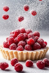 raspberry tart flying with powdered sugar and fruit, isolated on white background