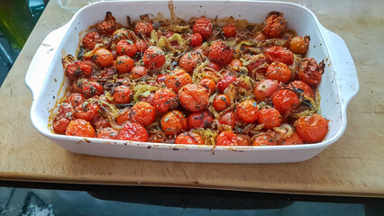 White baking dish filled with vibrant, oven-roasted cherry tomatoes and caramelized onions,...