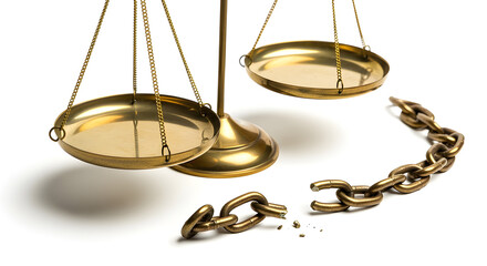A symbolic image of a balance scale with a broken chain, representing justice and freedom
