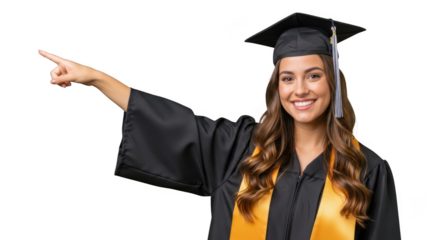 Smiling graduate woman in cap and gown pointing upward celebrating academic achievement