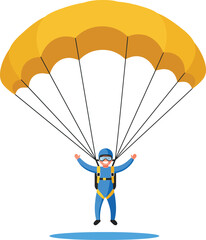 Exciting parachutist descending safely under yellow canopy in sunny sky adventure flat design vector illustration white background