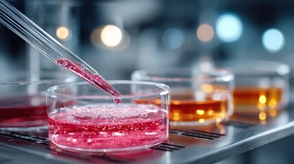 Close Up of Pipette Dropping Red Liquid into Petri Dish in Laboratory