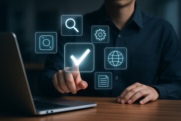 Businessman selecting futuristic holographic interface with global internet and settings icons