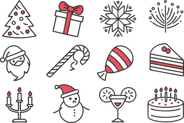 A vibrant vector icon set of Christmas and New Year holiday elements for festive decoration and celebration design