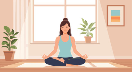 Fototapeta premium Woman meditating in lotus position in a bright room