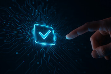 Futuristic holographic checkmark approval interface with finger interaction