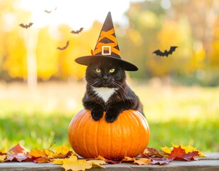 Black cat in witch hat atop pumpkin