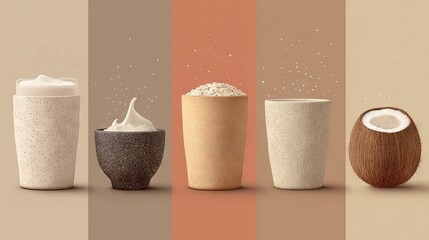   A collection of images featuring various cup designs such as round, tall, and wide, featuring a whipped cream center and a coconut in the middle