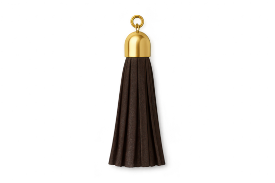 Elegant brown leather tassel with golden cap isolated on transparent background