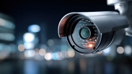 Security Camera at Night with City Lights in Background Surveillance System