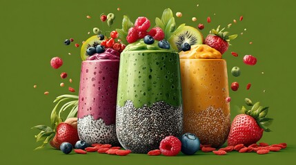   Three fruit-filled glasses arranged on a green backdrop