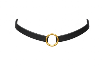 Elegant black leather choker with golden ring isolated on transparent backdrop