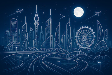 Futuristic City Skylines Illustration with Moon, Skyscrapers, and Freeway Roads