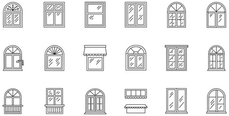 Collection of hand-drawn window vector illustrations featuring various architectural styles for home decor, construction plans, and design projects.