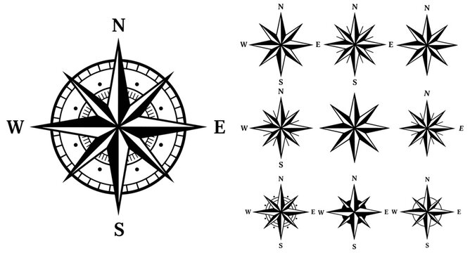 Compass rose vector icons, navigation symbols, wind directions, nautical star, vintage compass design, map orientation elements, black illustrations