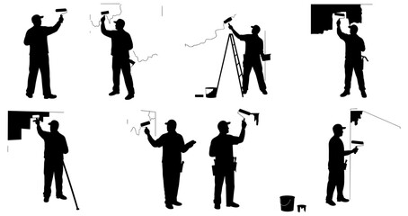 Fototapeta premium Painter silhouette set with roller brush, painting wall vector workers, home renovation icons, construction labor illustration, handyman wall paint.
