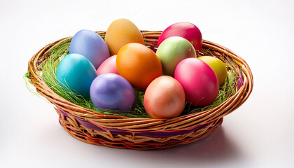 Colorful Easter Eggs In A Basket On White Background