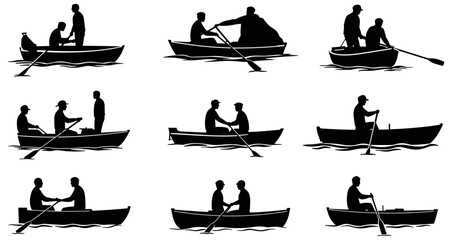 Rowing boat silhouettes, people in rowboat vector set, fishing and paddling illustration, man and woman boating black silhouette icons. © MSTShahanaz
