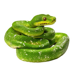 Green tree python resting on a branch in a natural habitat during daytime