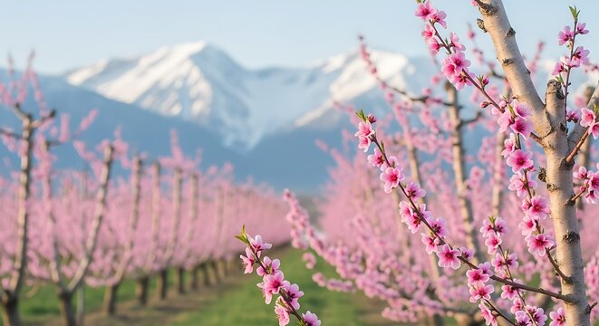 Peach orchard in bloom with snow capped mountains in the background