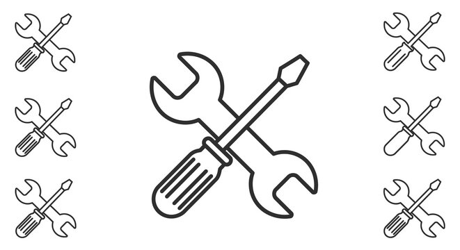 Line art illustration depicting various tools including wrenches and screwdrivers