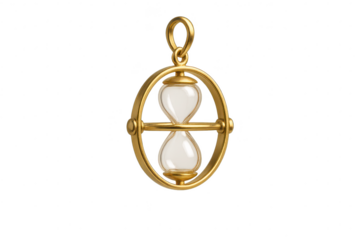 Golden hourglass pendant isolated on transparent background, antique style