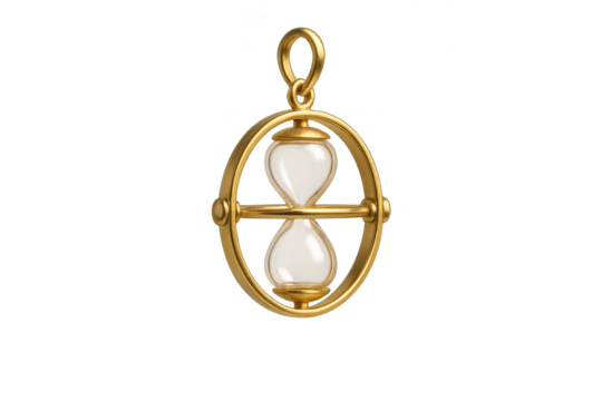 Golden hourglass pendant isolated on transparent background, antique style