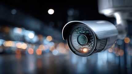 Security Camera Close-up at Night with Blurred City Lights Background