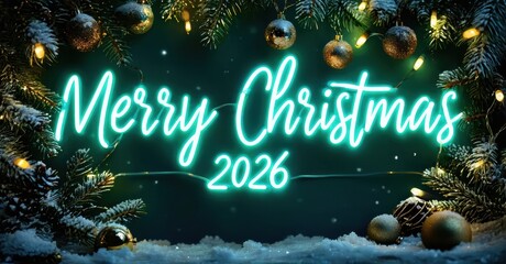 Festive image displays bright neon Merry Christmas 2026 text. Evergreen branches, ornaments, snow create holiday atmosphere. Warm lights enhance scene.