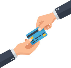 Hands exchanging credit card for payment transaction financial business purchase transaction flat design vector illustration white background