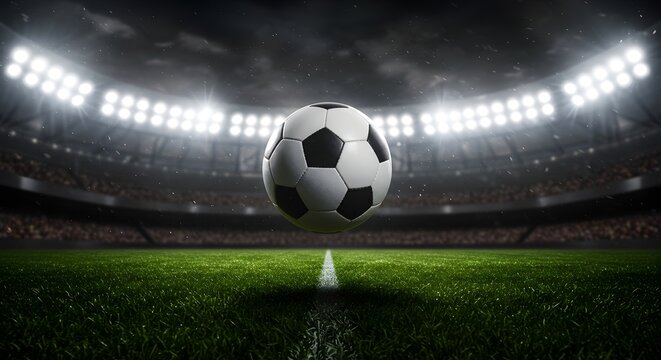 Classic soccer ball floating mid-air over a green pitch in a crowded stadium under dramatic night lights