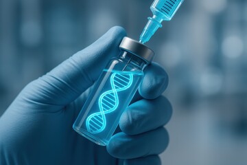 The Essence of Science: A gloved hand delicately grasps a vial, accompanied by a hypodermic needle poised to inject, symbolizing the power of scientific advancement.