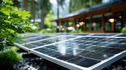 Solar Panels Installed in a Lush Green Garden Environment for Sustainable Energy