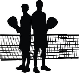 Silhouette of two male pickleball players standing back to back by the net two men