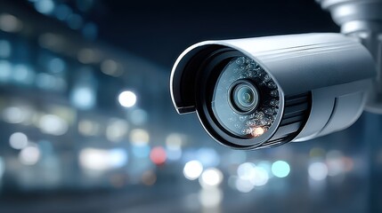 Security Camera Surveillance System Protecting City at Night, Close Up View