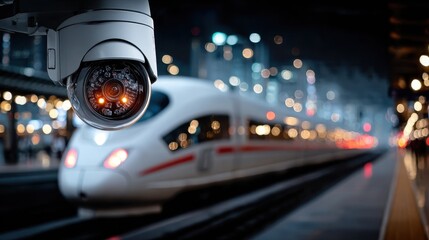 Security Camera Overlooking High Speed Train at Night, Surveillance System