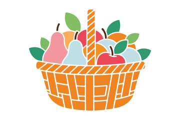 Illustration of a basket filled with various fruits, including apples, pears, and oranges, surrounded by green leaves, a vibrant and colorful design