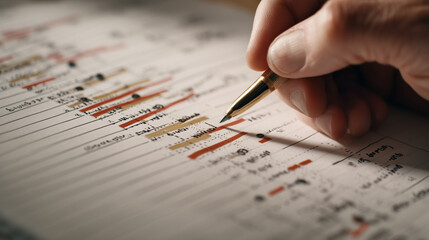 Close-up of a hand prioritizing tasks on a time chart