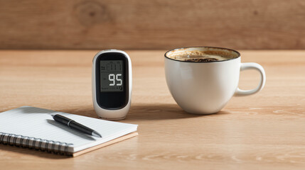 Close-up of a digital timer next to a notebook and coffee cup
