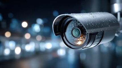 Security Camera on Rainy Night, Surveillance System with Water Drops