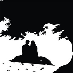 Silhouette of a Couple Sitting Under a Tree on a Rock with Falling Leaves on a White Background vector
