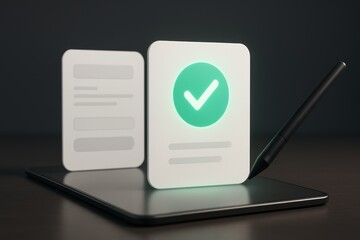 Digital tablet with glowing approval check mark document icon representing validation, success and online confirmation
