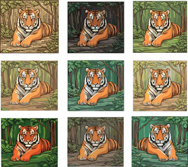 Cartoon tiger resting in jungle forest, wild animal illustration, majestic predator artwork, wildlife drawing, big cat nature vector